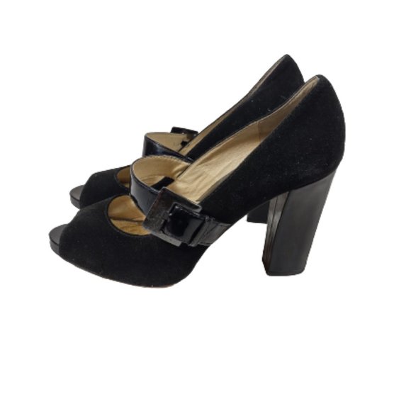 Michael Michael Kors Black Peep Toe Suede Patent Heels Pumps Women's Size 10 - Picture 1 of 7